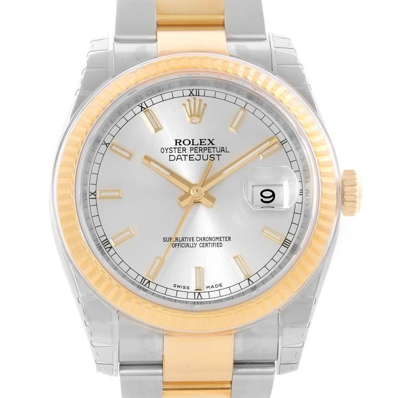 The image shows a front view of a Rolex Datejust 116233SSO Men
s Stainless Steel Silver Dial 116233SSO Men
s Stainless Steel Silver Dial watch, highlighting the silver dial, gold hands, date window, and gold and silver bracelet.