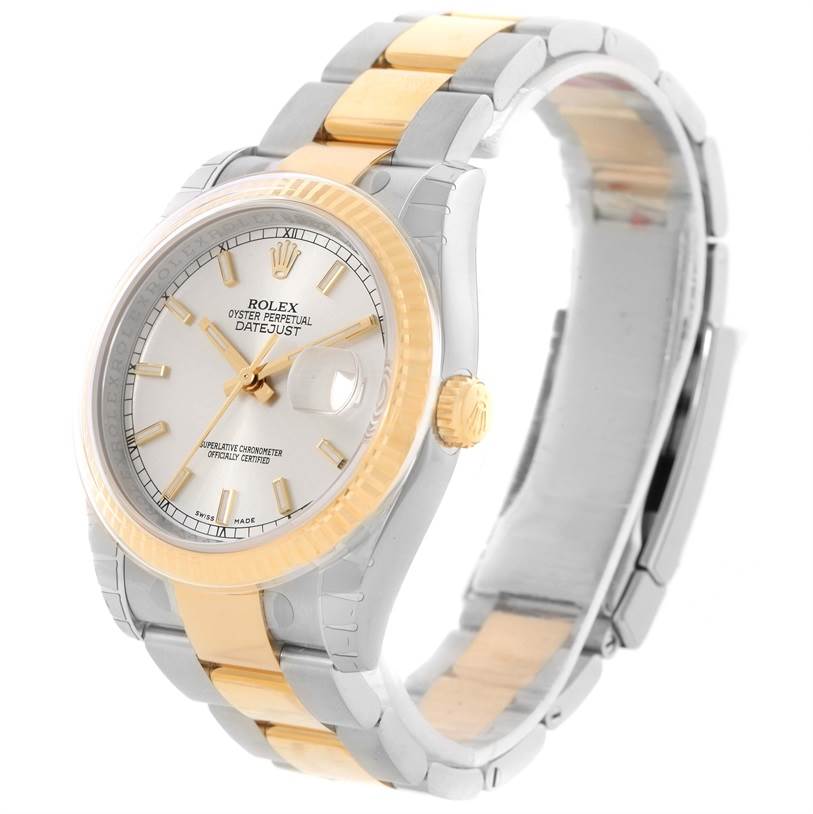 The image shows a Rolex Datejust 116233SSO Men
s Stainless Steel Silver Dial 116233SSO Men
s Stainless Steel Silver Dial watch at a three-quarter angle, displaying the dial, bezel, crown, and parts of the bracelet.