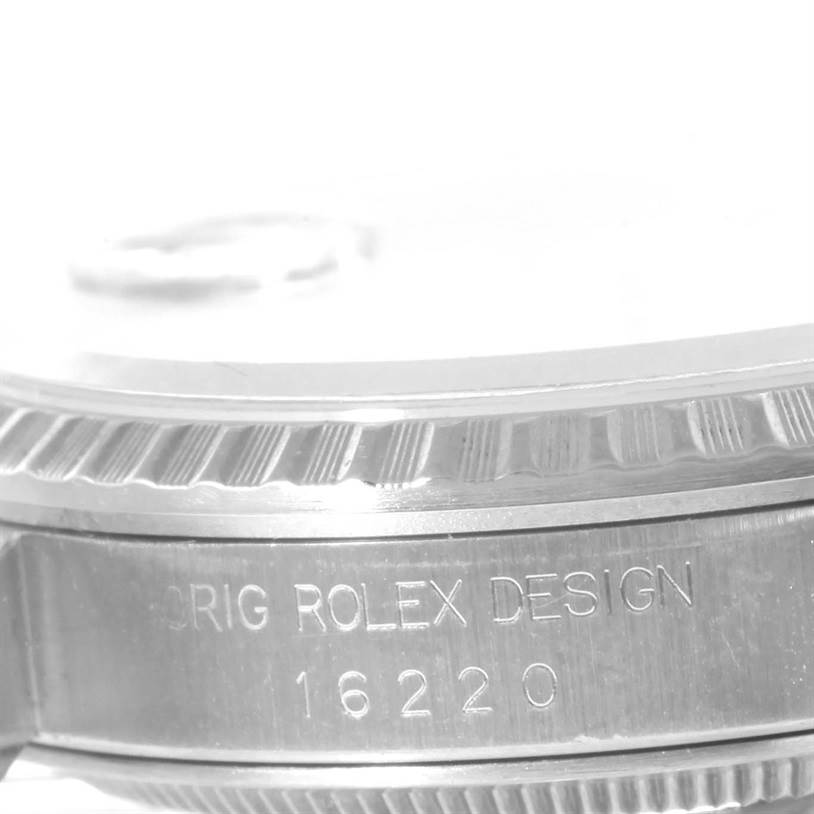 This image shows a close-up angle of the bezel and case side of a Rolex Datejust 16220 Men's Stainless Steel Silver Dial 16220 Men's Stainless Steel Silver Dial model, displaying "ORIG ROLEX DESIGN 16220."