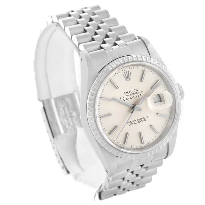 The image shows a Rolex Datejust 16220 Men's Stainless Steel Silver Dial 16220 Men's Stainless Steel Silver Dial watch at an angled front view, highlighting the dial, bezel, and bracelet.