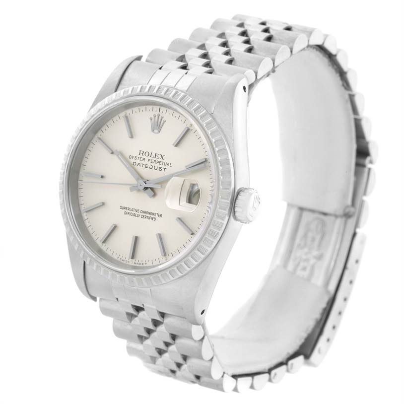 The Rolex Datejust 16220 Men's Stainless Steel Silver Dial 16220 Men's Stainless Steel Silver Dial watch is shown at a three-quarter angle, highlighting the dial, case, bezel, and part of the bracelet.