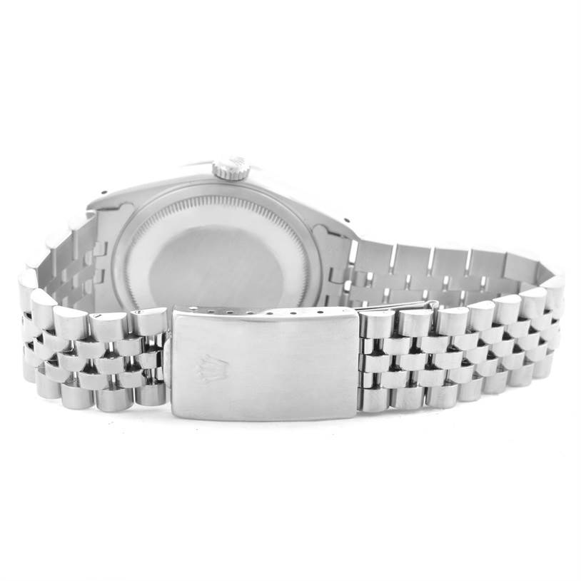 The image shows the backside and clasp of a Rolex Datejust 16220 Men's Stainless Steel Silver Dial 16220 Men's Stainless Steel Silver Dial watch, focusing on its Jubilee bracelet.