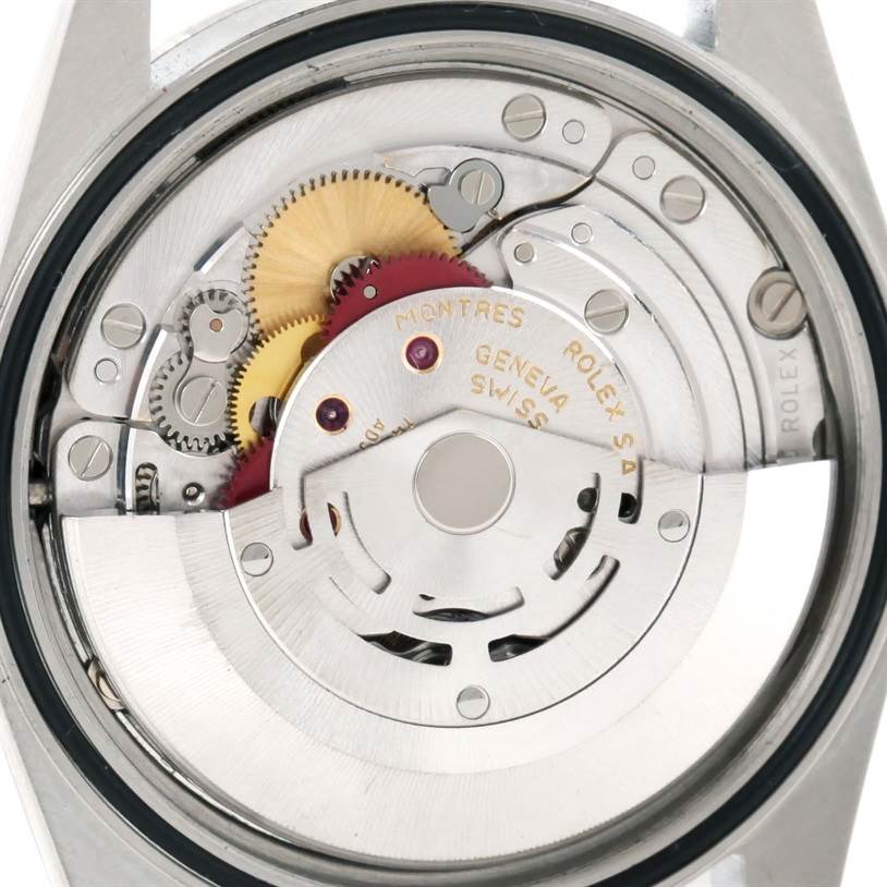 The image shows the internal mechanism or movement of a Rolex Datejust 16220 Men's Stainless Steel Silver Dial 16220 Men's Stainless Steel Silver Dial watch from a rear angle.