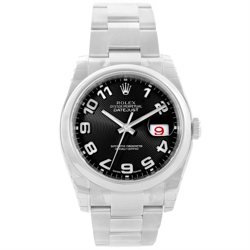 The image shows a front view of a Rolex Datejust 116200BKAO Men
s Stainless Steel Black Dial 116200BKAO Men
s Stainless Steel Black Dial watch, highlighting the dial, bezel, date window, and bracelet.