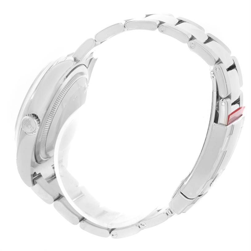 This image shows a side view of a Rolex Datejust 116200BKAO Men
s Stainless Steel Black Dial 116200BKAO Men
s Stainless Steel Black Dial watch, highlighting the case, crown, and bracelet.