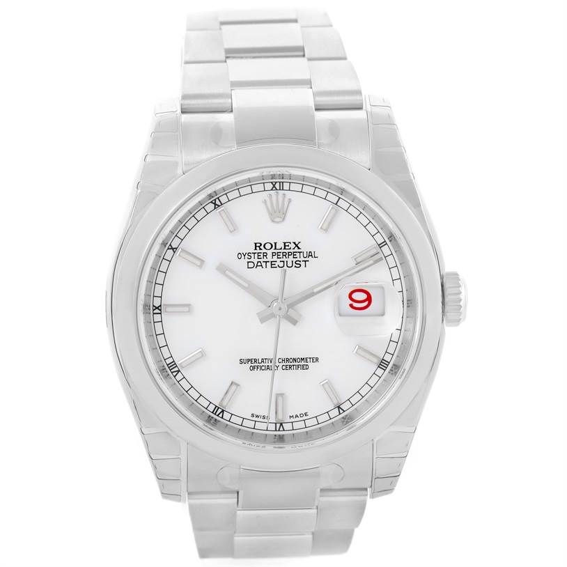 The image shows a front view of a Rolex Datejust 116200WSO Men's Stainless Steel White Dial 116200WSO Men's Stainless Steel White Dial watch, highlighting the dial, bracelet, and the date feature at 3 o'clock.