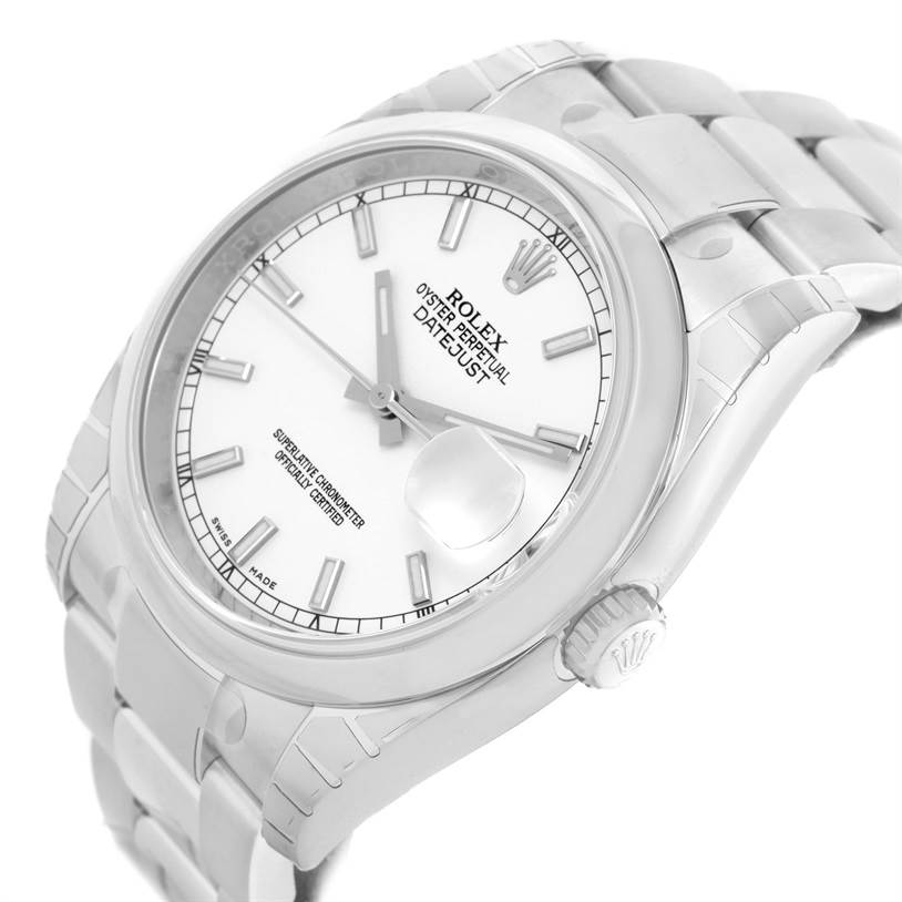 This image shows a Rolex Datejust 116200WSO Men's Stainless Steel White Dial 116200WSO Men's Stainless Steel White Dial watch angled from the front-right, highlighting the dial, bracelet, crown, and date magnifier.