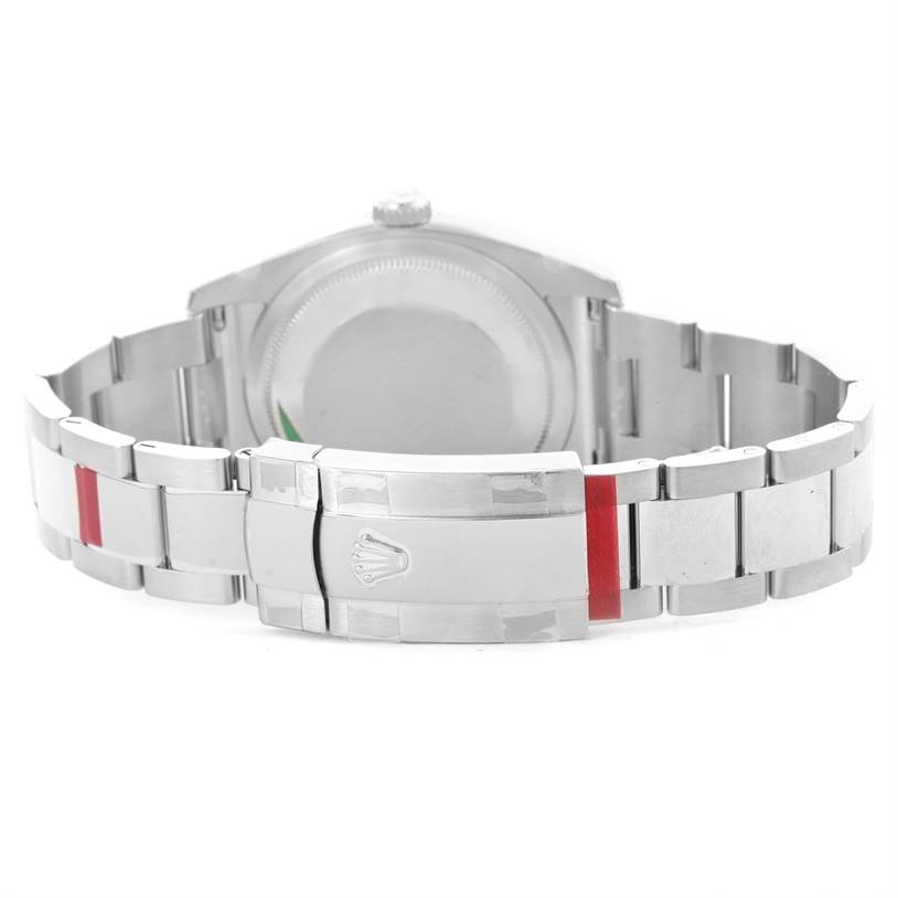 This image shows the back view of a Rolex Datejust 116200WSO Men's Stainless Steel White Dial 116200WSO Men's Stainless Steel White Dial watch, focusing on its clasp and bracelet.