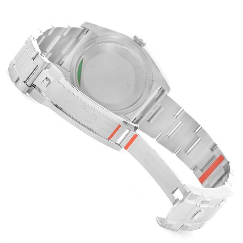 The image shows the back of the watch case and the opened clasp of a Rolex Datejust 116200WSO Men's Stainless Steel White Dial 116200WSO Men's Stainless Steel White Dial model.