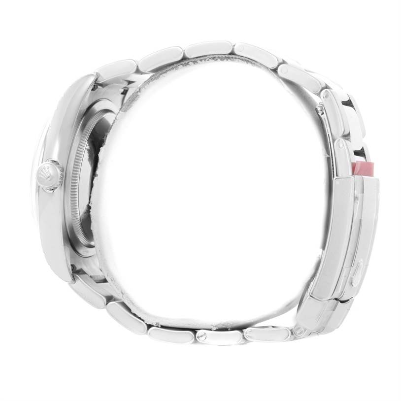 This is a side view of a Rolex Datejust 116200WSO Men's Stainless Steel White Dial 116200WSO Men's Stainless Steel White Dial model, showing the case, crown, and bracelet links.