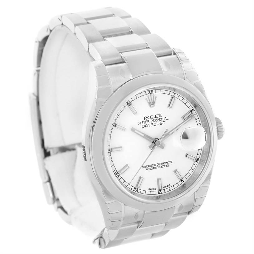 The image shows a Rolex Datejust 116200WSO Men's Stainless Steel White Dial 116200WSO Men's Stainless Steel White Dial watch from an angled front view, highlighting its dial, bezel, bracelet, and clasp.