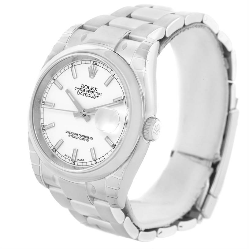 The image shows a Rolex Datejust 116200WSO Men's Stainless Steel White Dial 116200WSO Men's Stainless Steel White Dial watch from a front angle, highlighting the dial, bezel, crown, and bracelet.