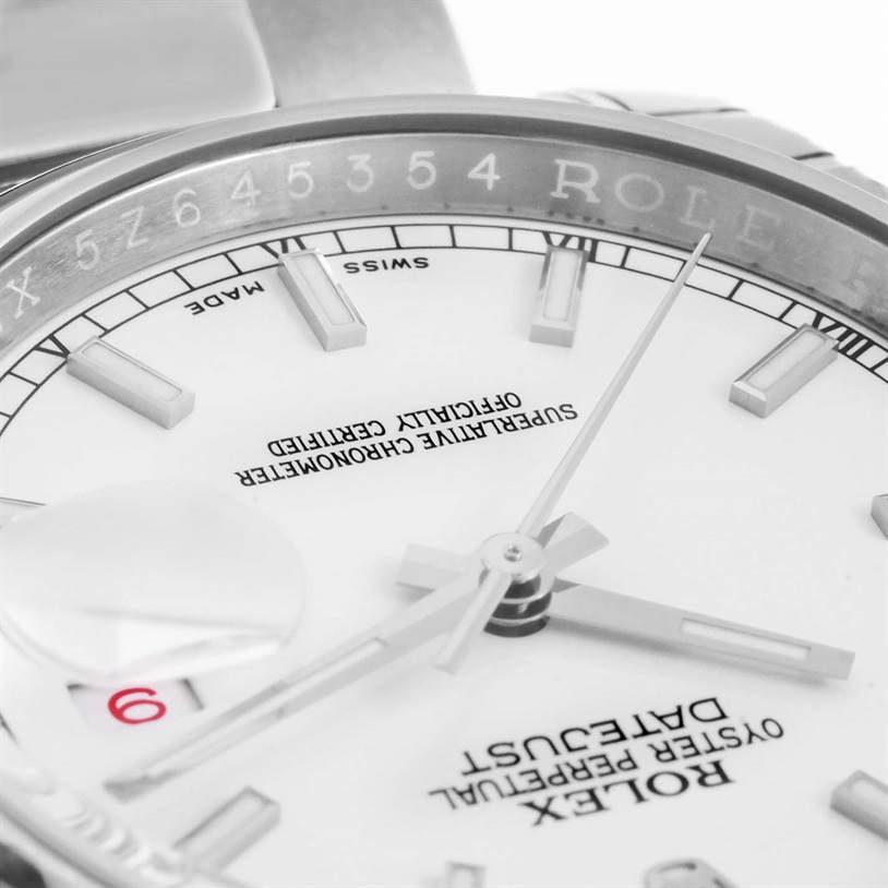 The image shows a close-up angle of the Rolex Datejust 116200WSO Men's Stainless Steel White Dial 116200WSO Men's Stainless Steel White Dial model, highlighting the dial, hands, and part of the bracelet.