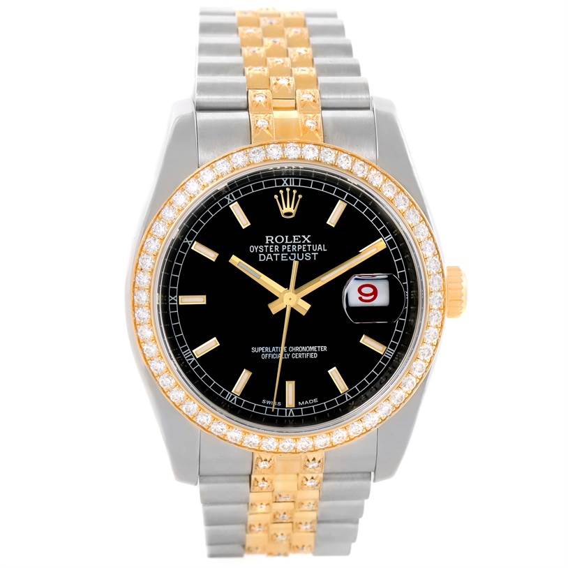 The image shows a front view of a Rolex Datejust 116243 Men
s Stainless Steel Black Dial 116243 Men
s Stainless Steel Black Dial watch, featuring its bezel, dial, crown, and Jubilee bracelet.