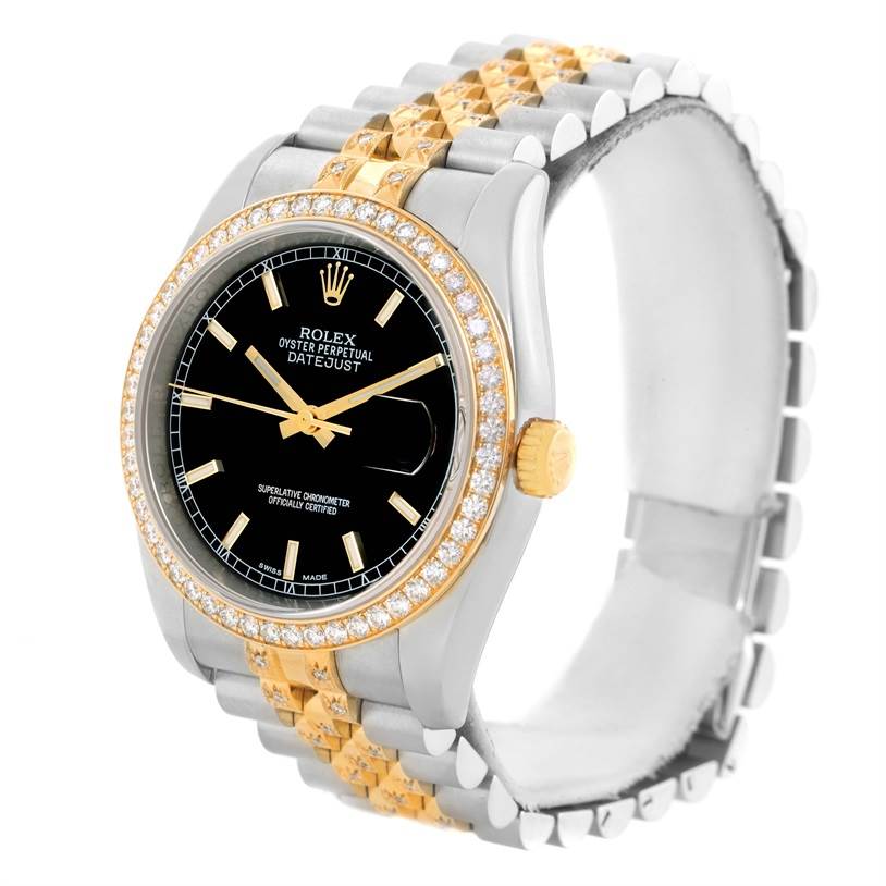 This image shows a Rolex Datejust 116243 Men
s Stainless Steel Black Dial 116243 Men
s Stainless Steel Black Dial watch at a slight angle, featuring its bezel, dial, crown, and two-tone bracelet.