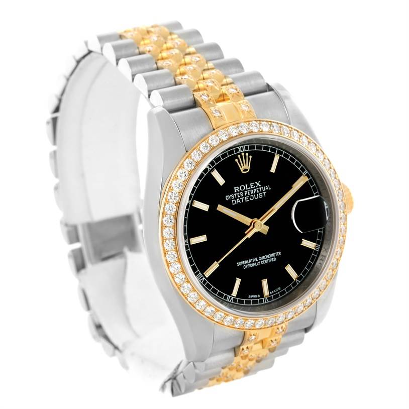 This Rolex Datejust 116243 Men
s Stainless Steel Black Dial 116243 Men
s Stainless Steel Black Dial watch is shown at a slight angled view, highlighting the bracelet, bezel, dial, and crown.