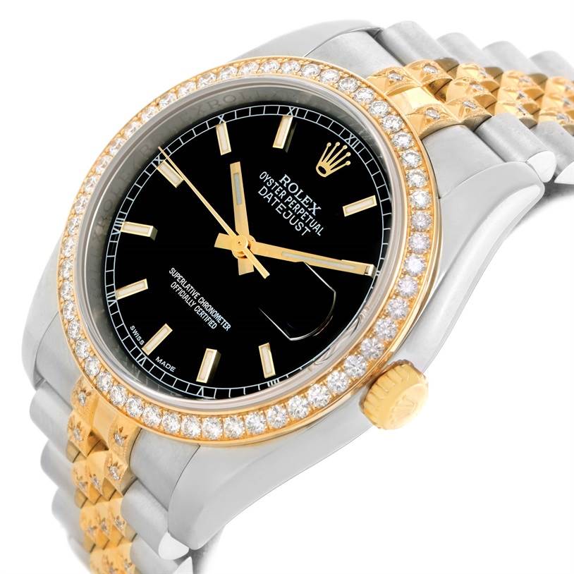 The image shows a close-up angle of a Rolex Datejust 116243 Men
s Stainless Steel Black Dial 116243 Men
s Stainless Steel Black Dial watch featuring a two-tone bracelet and a diamond-studded bezel.