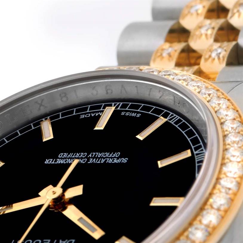 The image shows a close-up angle of the dial and bezel, including parts of the bracelet, of a Rolex Datejust 116243 Men
s Stainless Steel Black Dial 116243 Men
s Stainless Steel Black Dial watch.