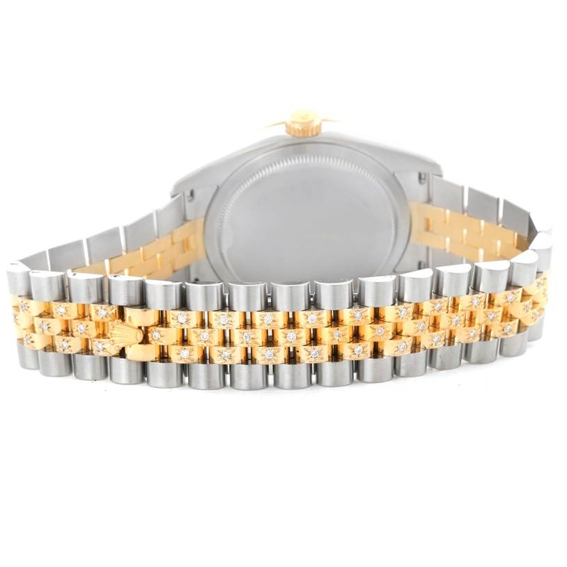 The image shows the back view of the Rolex Datejust 116243 Men
s Stainless Steel Black Dial 116243 Men
s Stainless Steel Black Dial watch, highlighting its two-tone bracelet and caseback.