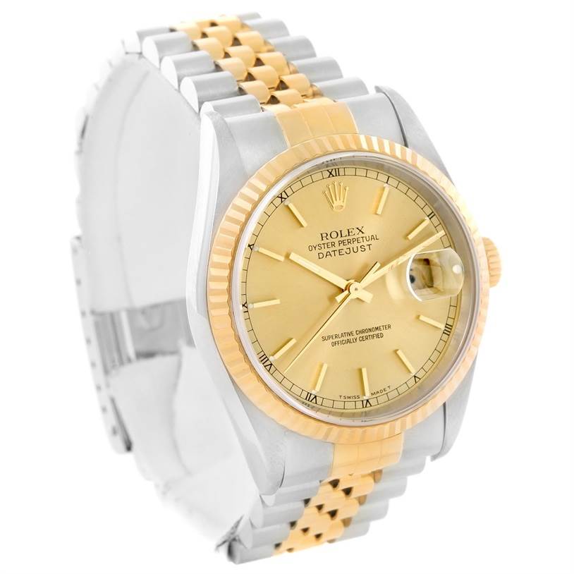 The image shows a Rolex Datejust 16233 Men's Steel and Gold (two tone) Champagne Dial 16233 Men's Steel and Gold (two tone) Champagne Dial watch at a slight side angle, highlighting its gold and silver two-tone bracelet and gold bezel.