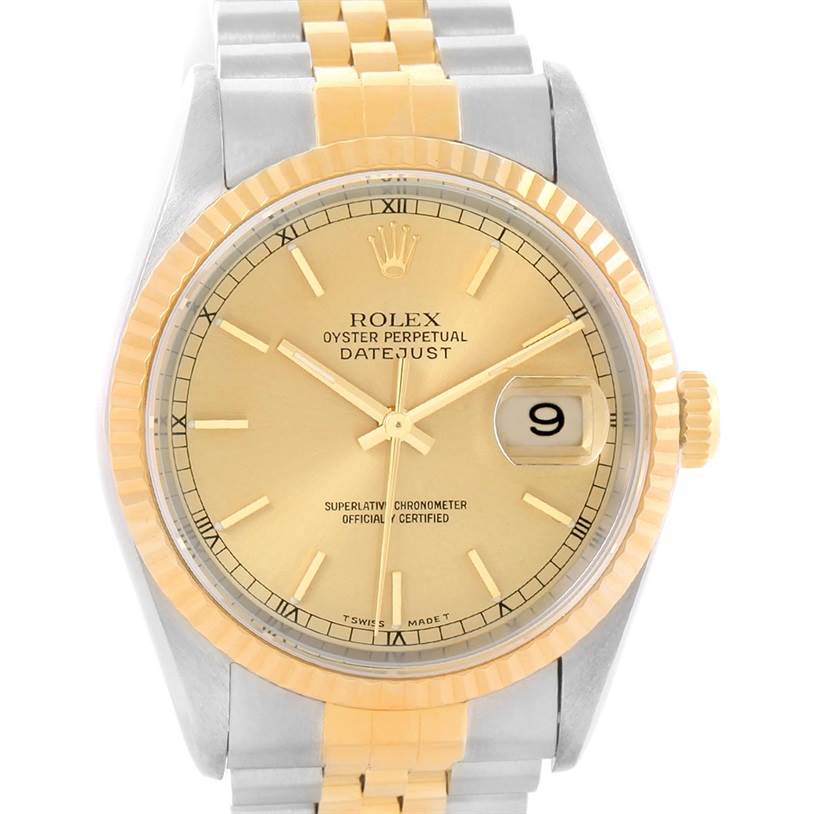 The image shows a front view of the Rolex Datejust 16233 Men's Steel and Gold (two tone) Champagne Dial 16233 Men's Steel and Gold (two tone) Champagne Dial watch, featuring a gold dial, fluted bezel, and two-tone bracelet.