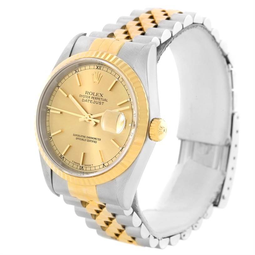 The Rolex Datejust 16233 Men's Steel and Gold (two tone) Champagne Dial 16233 Men's Steel and Gold (two tone) Champagne Dial watch is shown at a 3/4 angle, displaying the face, bezel, crown, and part of the jubilee bracelet.