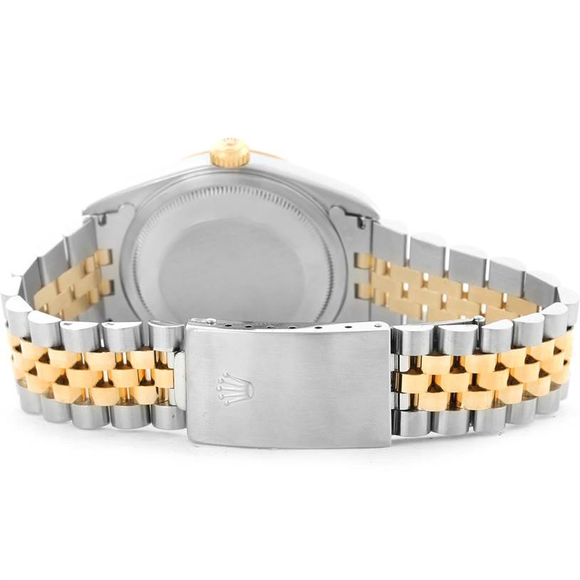 The image shows the back case and two-tone bracelet with clasp of a Rolex Datejust 16233 Men's Steel and Gold (two tone) Champagne Dial 16233 Men's Steel and Gold (two tone) Champagne Dial watch, viewed from the rear angle.