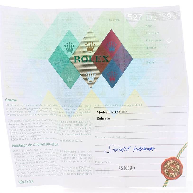 This image shows the warranty certificate for a Rolex Datejust 116233 Men
s Stainless Steel White Dial 116233 Men
s Stainless Steel White Dial watch.