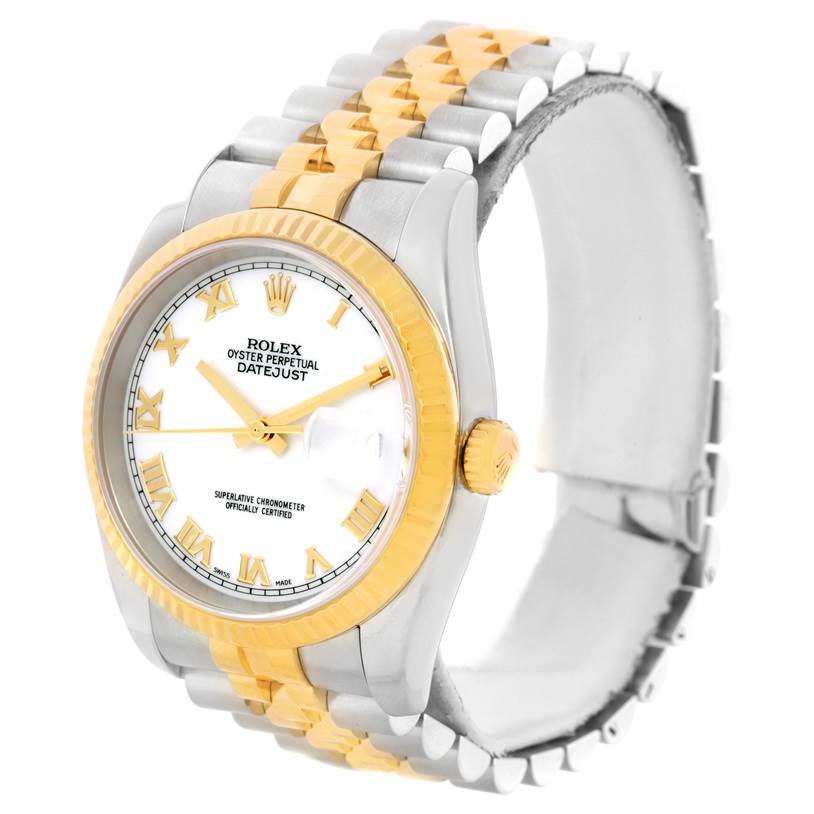 The Rolex Datejust 116233 Men
s Stainless Steel White Dial 116233 Men
s Stainless Steel White Dial watch is shown at an angled view from the front left, highlighting the face, bezel, and part of the bracelet.