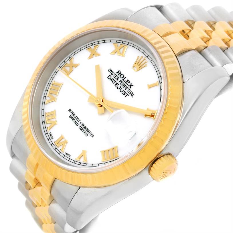 The image shows a close-up angled view of the Rolex Datejust 116233 Men
s Stainless Steel White Dial 116233 Men
s Stainless Steel White Dial watch, focusing on its face, bezel, and bracelet.