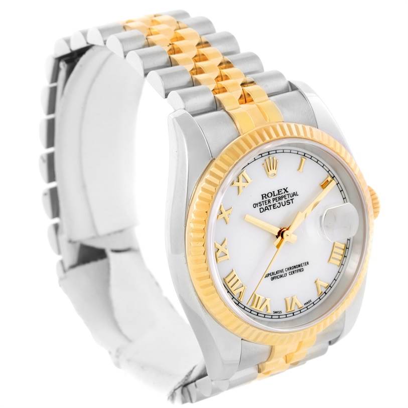 This image shows a Rolex Datejust 116233 Men
s Stainless Steel White Dial 116233 Men
s Stainless Steel White Dial watch viewed from an angled perspective, highlighting its dial, bezel, and bracelet.