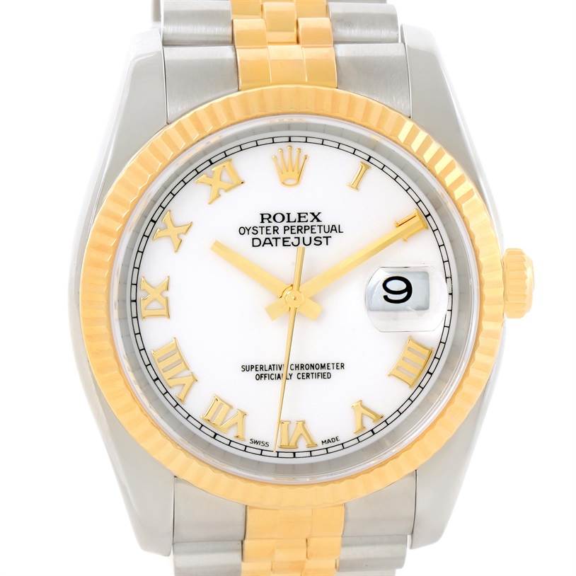 The image shows a front view of a Rolex Datejust 116233 Men
s Stainless Steel White Dial 116233 Men
s Stainless Steel White Dial watch with a gold and silver band and a white dial featuring gold Roman numerals.