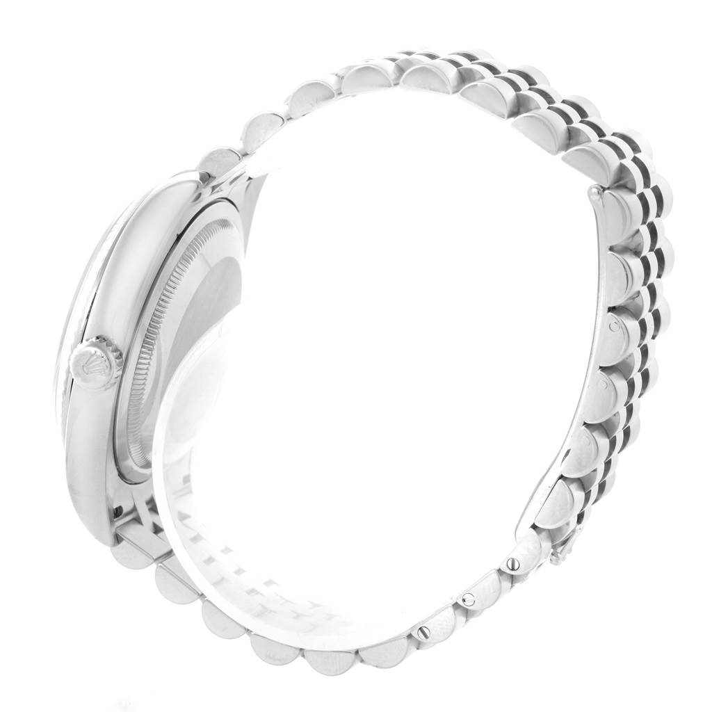 This image shows a side profile of a Rolex Datejust 116234 Men's Stainless Steel Black Dial 116234 Men's Stainless Steel Black Dial watch, highlighting its bezel, crown, and part of the metal bracelet.