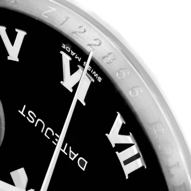 The close-up image shows the dial and bezel of a Rolex Datejust 116234 Men's Stainless Steel Black Dial 116234 Men's Stainless Steel Black Dial watch, highlighting the Roman numerals and partial serial number.