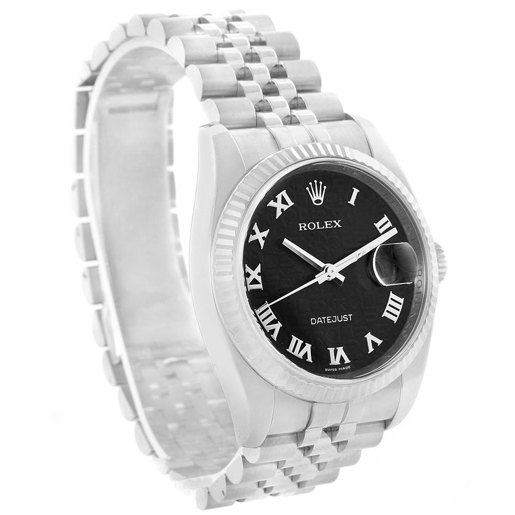This image shows the front angle of a Rolex Datejust 116234 Men's Stainless Steel Black Dial 116234 Men's Stainless Steel Black Dial watch, highlighting its black dial, Roman numerals, and jubilee bracelet.