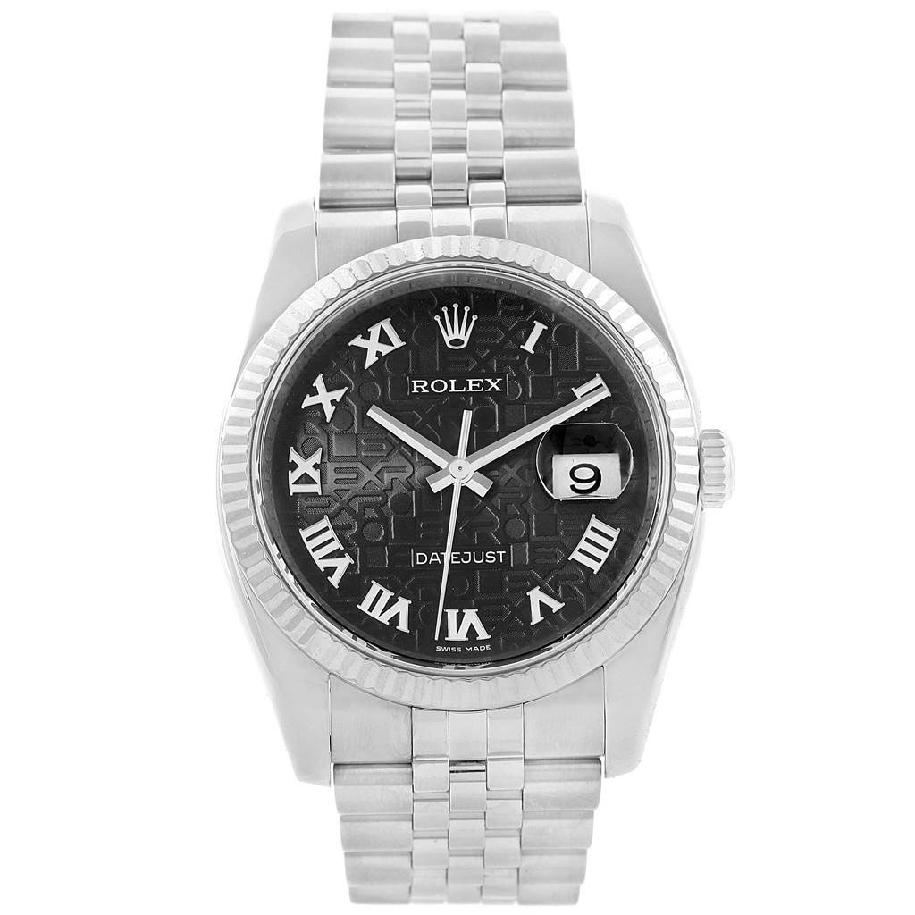 The image shows a Rolex Datejust 116234 Men's Stainless Steel Black Dial 116234 Men's Stainless Steel Black Dial watch from the front, featuring its face, bezel, and bracelet.