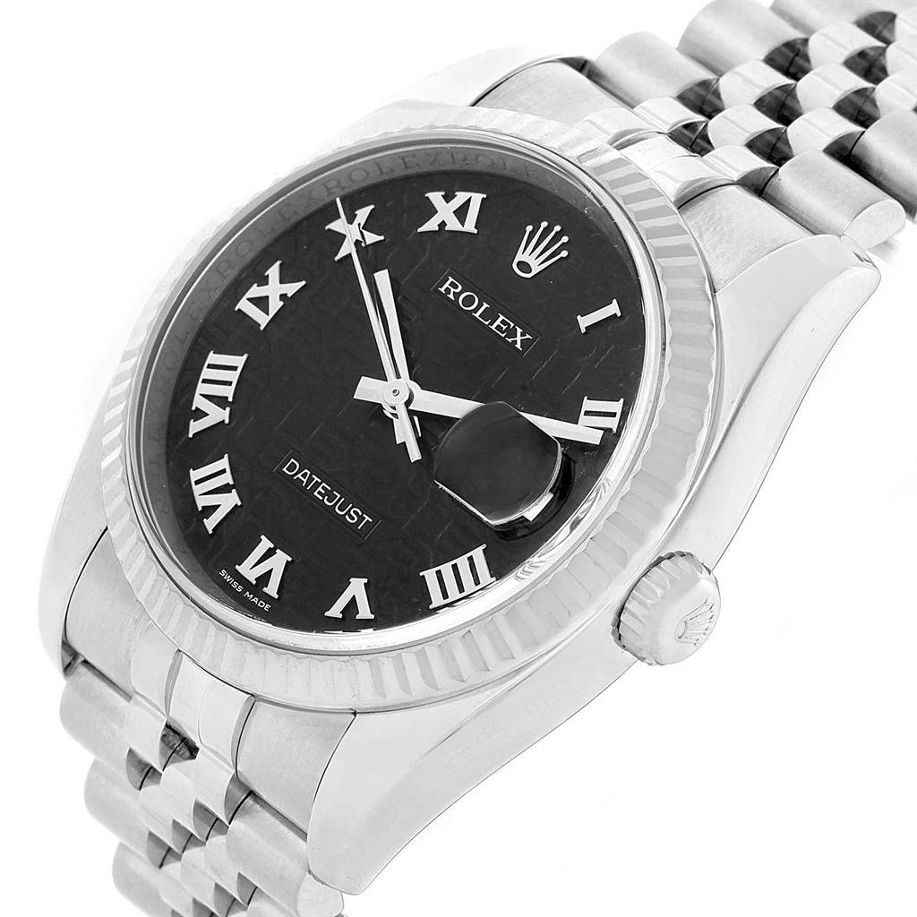 The Rolex Datejust 116234 Men's Stainless Steel Black Dial 116234 Men's Stainless Steel Black Dial watch is shown at an angle highlighting the Roman numeral dial, cyclops lens, crown, and Jubilee bracelet.