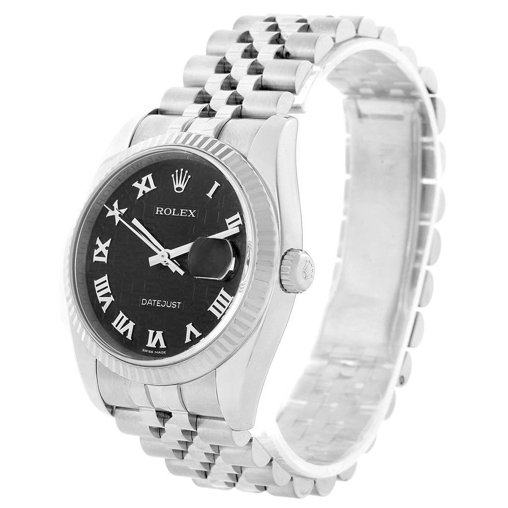 The image shows a Rolex Datejust 116234 Men's Stainless Steel Black Dial 116234 Men's Stainless Steel Black Dial watch at a three-quarter angle, highlighting the face, bezel, and bracelet.