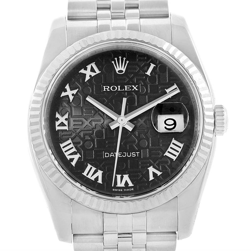 This image features a front view of a Rolex Datejust 116234 Men's Stainless Steel Black Dial 116234 Men's Stainless Steel Black Dial watch, showcasing its black dial, Roman numerals, and date window.