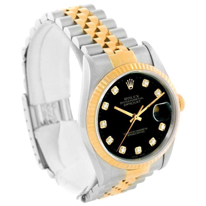 The Rolex Datejust 16233 Men's Steel and Gold (two tone) Black Dial 16233 Men's Steel and Gold (two tone) Black Dial watch is shown at a three-quarter angle featuring the dial, bezel, and part of the bracelet.