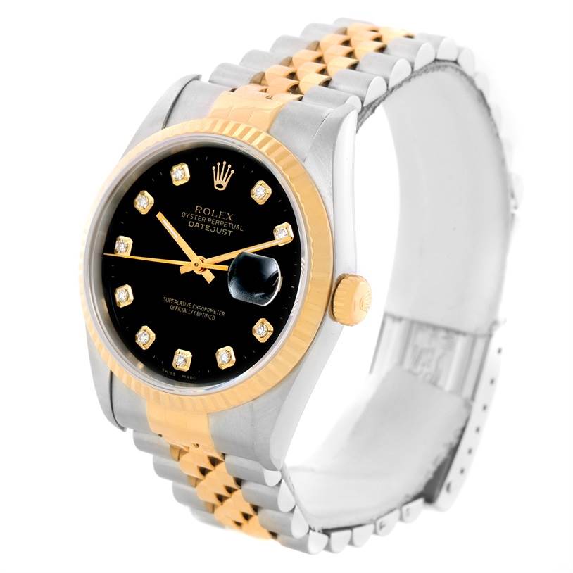 This Rolex Datejust 16233 Men's Steel and Gold (two tone) Black Dial 16233 Men's Steel and Gold (two tone) Black Dial watch is shown at a three-quarter angle, highlighting the face, bezel, crown, and two-tone bracelet.