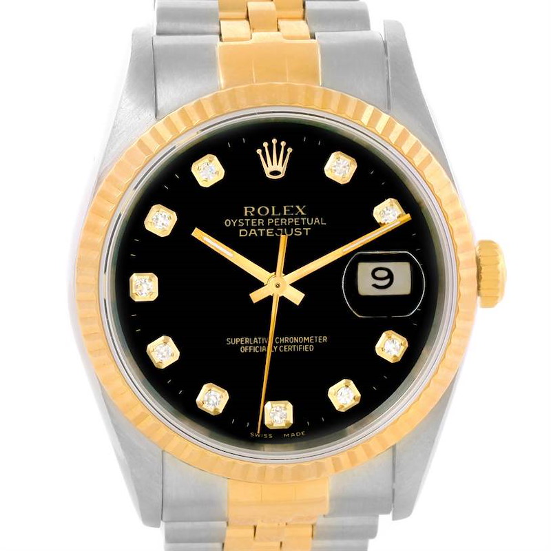 The image shows a frontal view of a Rolex Datejust watch, highlighting its black dial, date window, and two-tone metal bracelet.