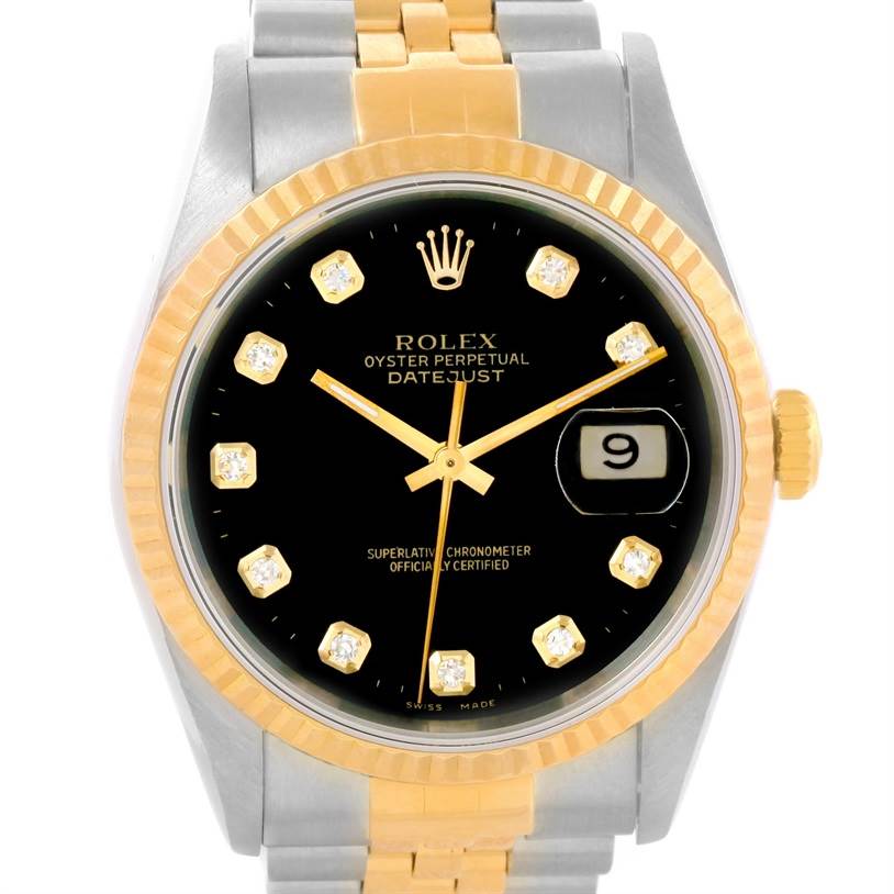 The image shows a frontal view of a Rolex Datejust 16233 Men's Steel and Gold (two tone) Black Dial 16233 Men's Steel and Gold (two tone) Black Dial watch, highlighting its black dial, date window, and two-tone metal bracelet.