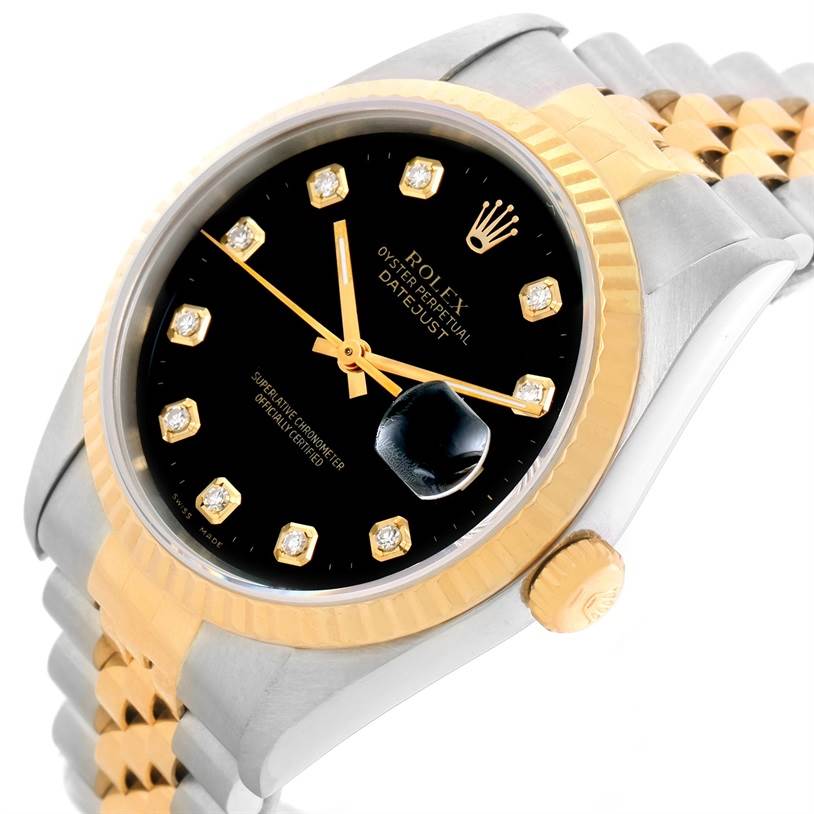 This image shows a close-up of the Rolex Datejust 16233 Men's Steel and Gold (two tone) Black Dial 16233 Men's Steel and Gold (two tone) Black Dial watch face and bracelet at a slight angle, highlighting the crown, bezel, and dial.