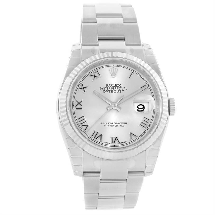 The image shows a front view of a Rolex Datejust 116234 Men
s Stainless Steel Grey Dial 116234 Men
s Stainless Steel Grey Dial watch, highlighting its dial, hour markers, date display, and bracelet.