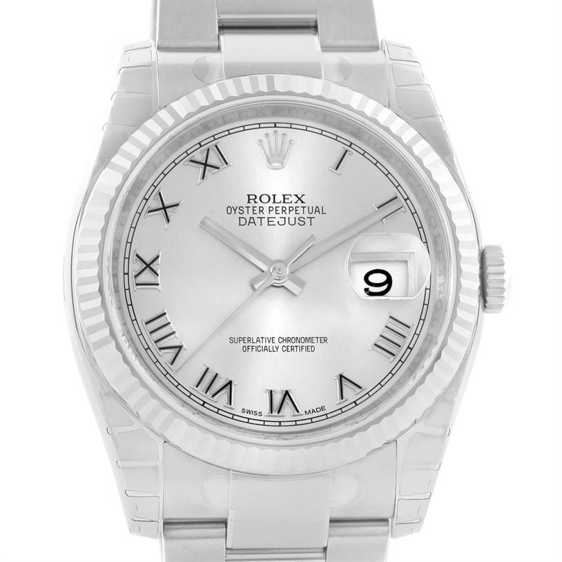 This image shows a frontal view of the Rolex Datejust 116234 Men
s Stainless Steel Grey Dial 116234 Men
s Stainless Steel Grey Dial watch, featuring its bezel, dial, hands, and date window.