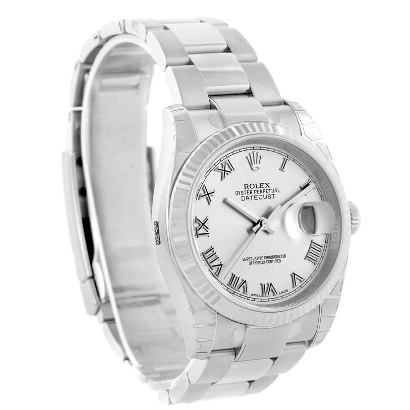 The image shows a Rolex Datejust 116234 Men
s Stainless Steel Grey Dial 116234 Men
s Stainless Steel Grey Dial watch at an angled side view, displaying the bracelet, dial, and bezel.
