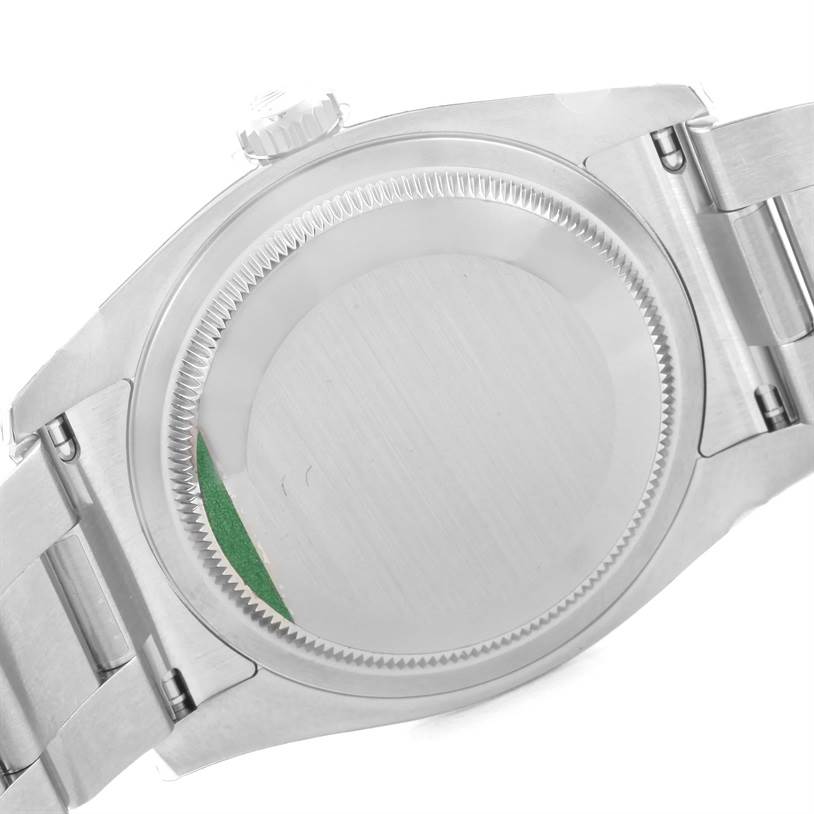 This image shows the back case and bracelet of a Rolex Datejust 116234 Men
s Stainless Steel Grey Dial 116234 Men
s Stainless Steel Grey Dial watch from a flat, top-down angle.