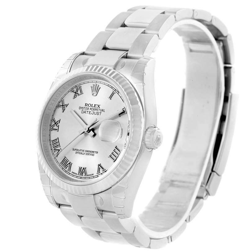 The image shows an angled view of a Rolex Datejust 116234 Men
s Stainless Steel Grey Dial 116234 Men
s Stainless Steel Grey Dial watch, highlighting its face, bezel, and bracelet.