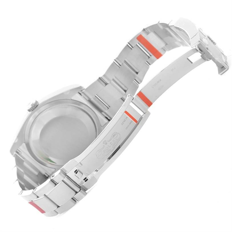 The image shows the open clasp and the back case of a Rolex Datejust 116234 Men
s Stainless Steel Grey Dial 116234 Men
s Stainless Steel Grey Dial watch from a diagonal angle.